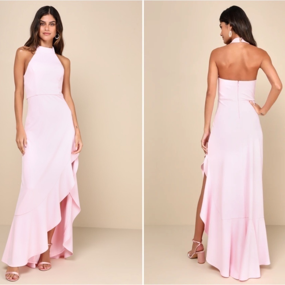 LULU's Chic Sexy Prom Wedding Ruffle Hem Light Pink Trumpet Maxi Dress - Picture 3 of 4